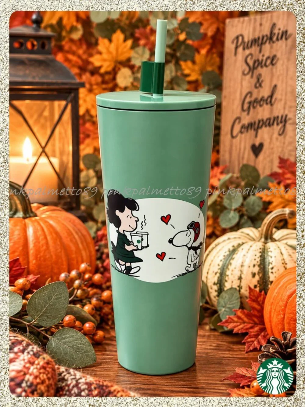 🍂🎃 NWT 2026 PEANUTS + Starbucks Snoopy & Lucy Sage Green 24oz SS Tumbler